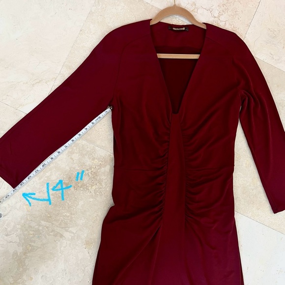 Roberto Cavalli V Neck Burgundy Gathered Accents Midi Sheath Dress - Picture 11 of 11